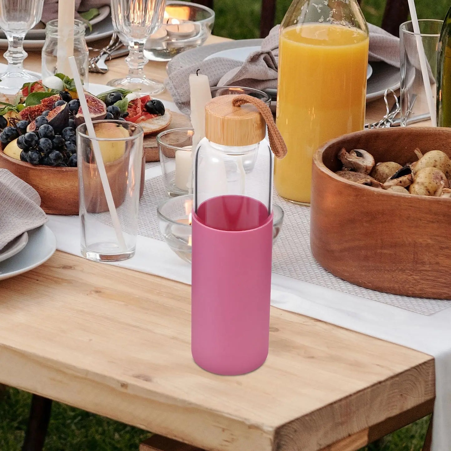 Sustainable Portable water Bottle, 550 ml, glass cup, bamboo lid, silicone cover for protection. Become part of the Water Revolution.