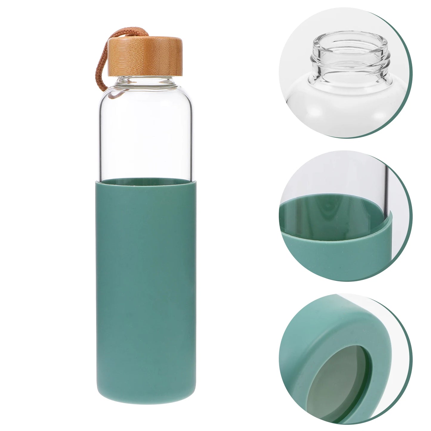 Sustainable Portable water Bottle, 550 ml, glass cup, bamboo lid, silicone cover for protection. Become part of the Water Revolution.